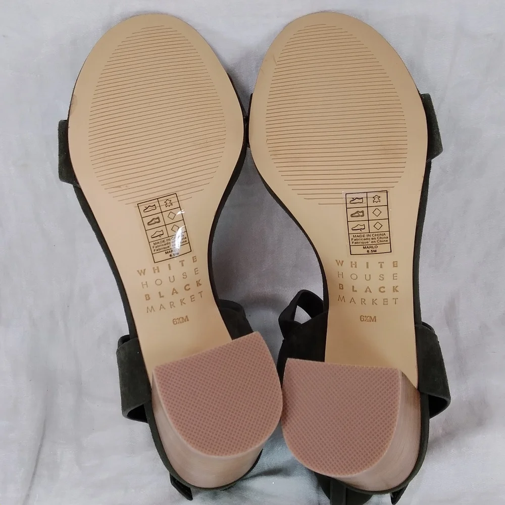 White House Black Market Marlo Olive Suede SANDALS Womens Size 6.5M Chunky Heels - Picture 7 of 12